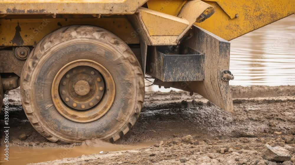 Massive dumper truck wheels navigating muddy terrain, generating powerful splashes while unloading construction materials on saturated ground site Massive dumper truck wheels navigating muddy terrain, generating powerful splashes while unloading construction materials on saturated ground site