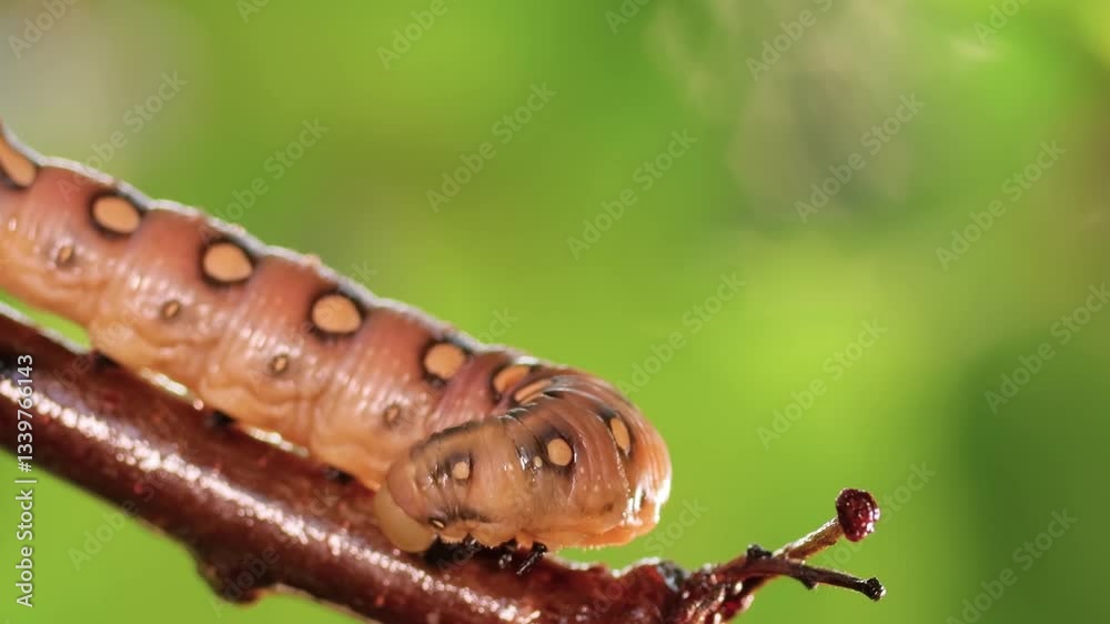 Pink caterpillar on branch with green background. Pink caterpillar on branch with green background.