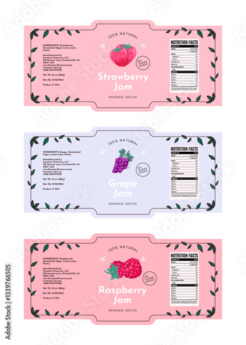 Strawberry, Grape, Raspberry Jam Label Packaging Design 