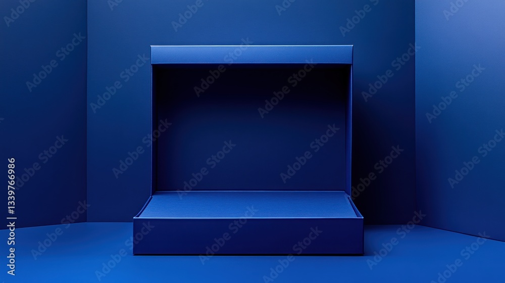 Fototapeta premium Open Blue Box in a Blue Room: Minimalist Product Display