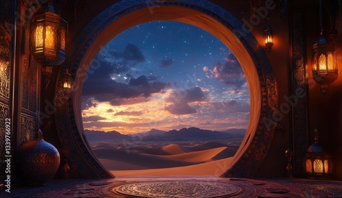 Dramatic arched doorway, glowing lanterns, reveals a breathtaking desert sunset view, with stars and clouds.  Dark-reddish brown archway with intricate details. Golden hour lighting. Sandy desert