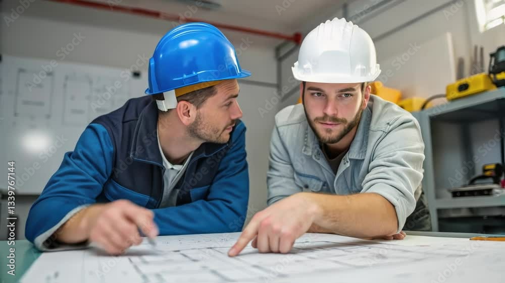 Two engineers, wearing hardhats, are examining and discussing a blueprint spread out on a table in a workshop, pointing at details and collaborating on the project Two engineers, wearing hardhats, are examining and discussing a blueprint spread out on a table in a workshop, pointing at details and collaborating on the project