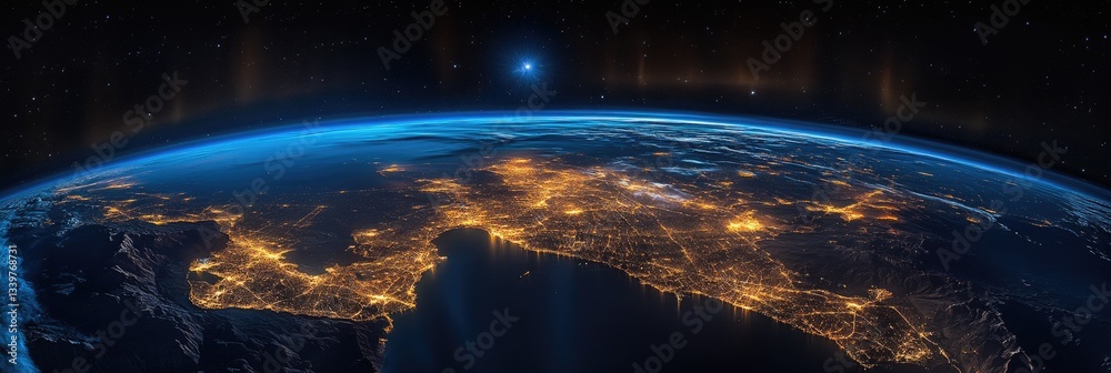 Obraz premium Earth seen from space at night, highlighting city lights, showing the vibrant glow of urban areas against a dark backdrop of space