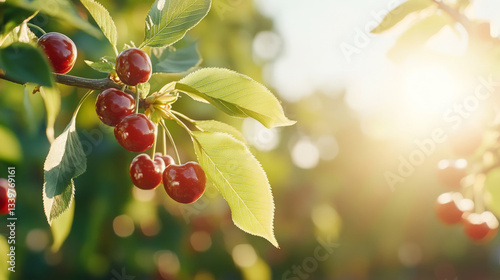 Sunlit cherry tree branch with fresh ripe cherries and leaves