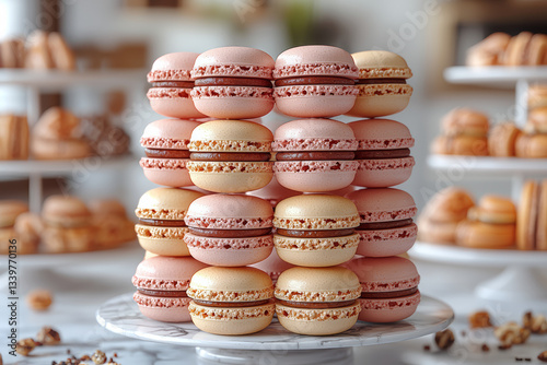 A delicate macaron tower in pastel hues, displayed on a marble counter. Concept of French elegance and patisserie craftsmanship.