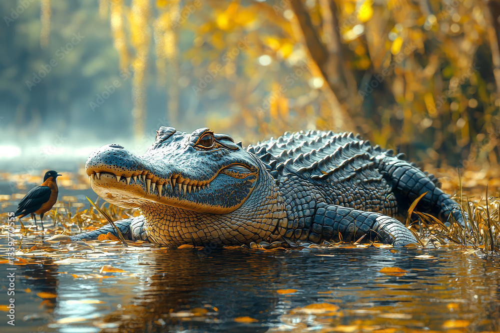 A crocodile basking on a riverbank with jaws agape, birds perched nearby. Concept of uneasy alliances and ecosystem balance. A crocodile basking on a riverbank with jaws agape, birds perched nearby. Concept of uneasy alliances and ecosystem balance.