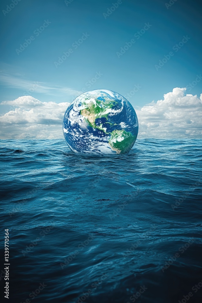 Full shot, earth floating above a vast body of water, serene and tranquil atmosphere, vibrant blue ocean, fluffy white clouds, detailed earth globe with visible continents and oceans, tranquil and Full shot, earth floating above a vast body of water, serene and tranquil atmosphere, vibrant blue ocean, fluffy white clouds, detailed earth globe with visible continents and oceans, tranquil and
