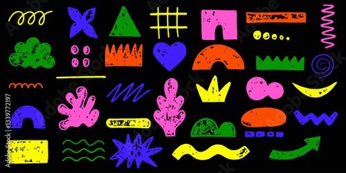 Hand drawn arrow scribble crayon set. Squiggle, scratch doodle kid arrow star set. Crayon scratch texture shape children kid naive. Vector illustration