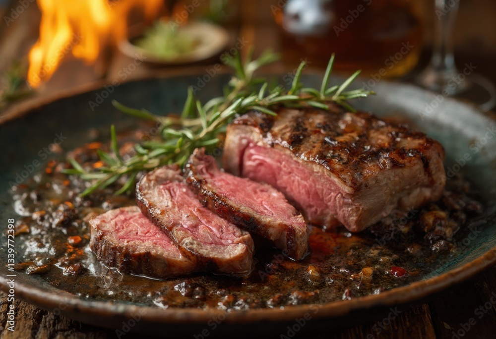 A Grilled Medium-Rare Steak Garnished with Rosemary Served as an Entree in a Restaurant Dish A Grilled Medium-Rare Steak Garnished with Rosemary Served as an Entree in a Restaurant Dish