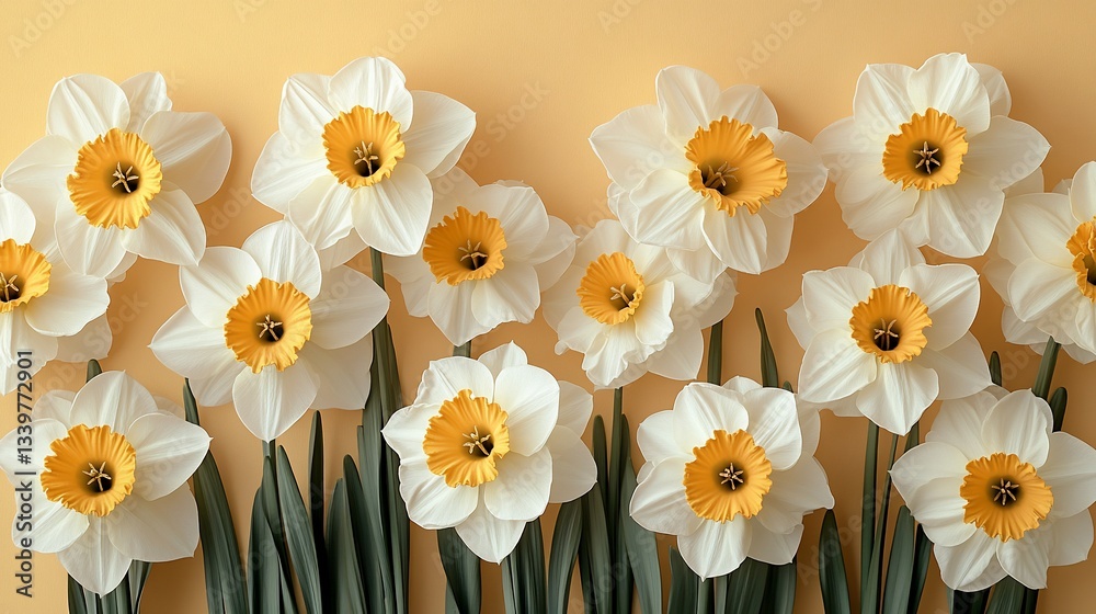 Fototapeta premium White daffodils with yellow centers arranged on a pale orange background.