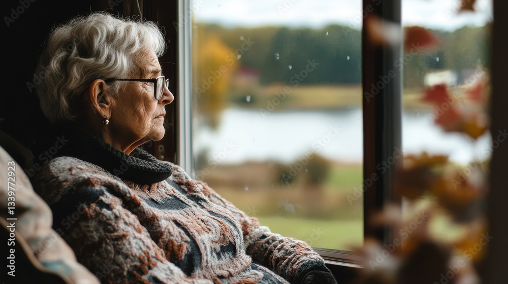 Fototapeta premium Elderly woman gazes pensively out window, autumnal landscape visible.