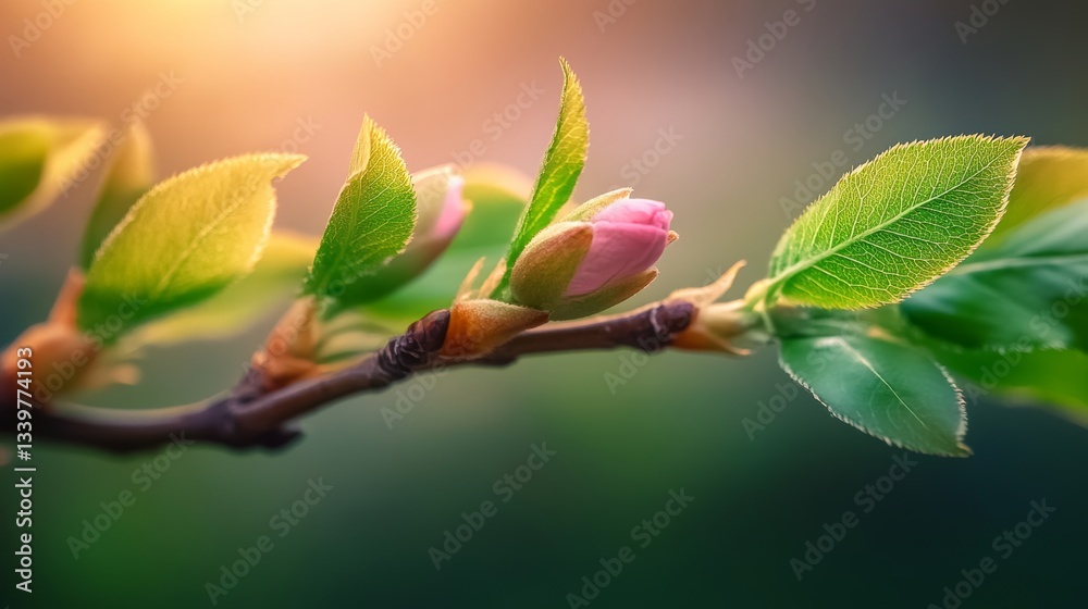 Branch with a pink flower on it. The flower is surrounded by green leaves. Concept of growth and new beginnings