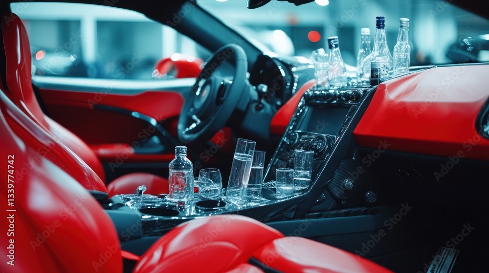 Luxury Red Car Interior with Drinks, Showcase of opulence and refined taste. Luxury Red Car Interior with Drinks, Showcase of opulence and refined taste.