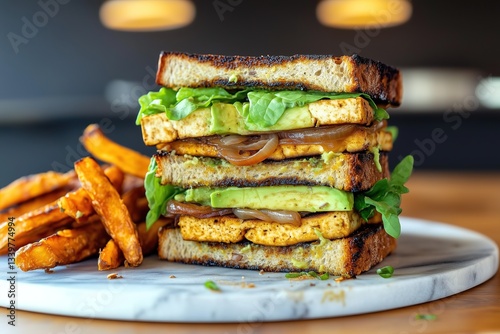 Triple-Layer Vegan Club Sandwich with Grilled Tofu, Avocado, and Sweet Potato Fries on Marble Plate