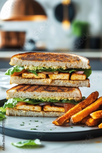 Triple-Layer Vegan Club Sandwich with Grilled Tofu, Avocado, and Sweet Potato Fries on Marble Plate