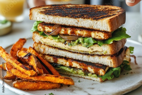 Triple-Layer Vegan Club Sandwich with Grilled Tofu, Avocado, and Sweet Potato Fries on Marble Plate