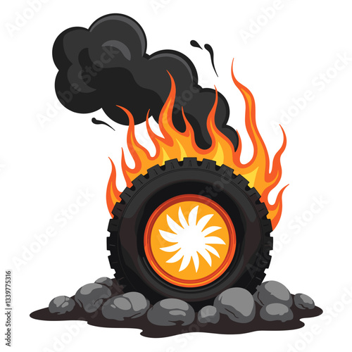 Burning tire releasing smoke amidst flames, environmental warning