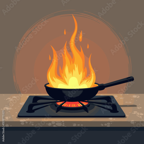 Flames rising from a frying pan on a stove, kitchen fire safety
