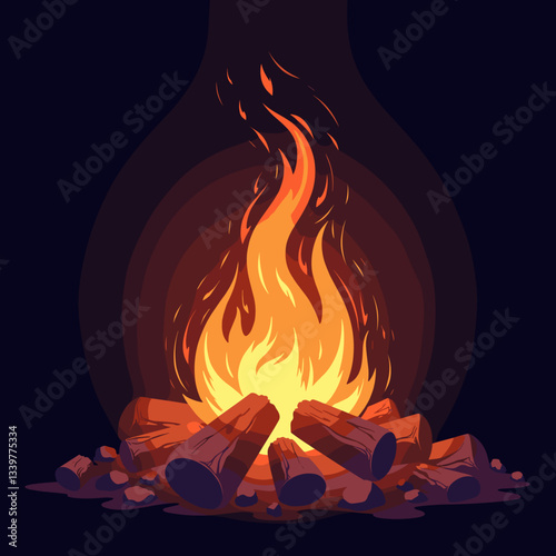 Glowing campfire flames brightening dark night, warmth and comfort