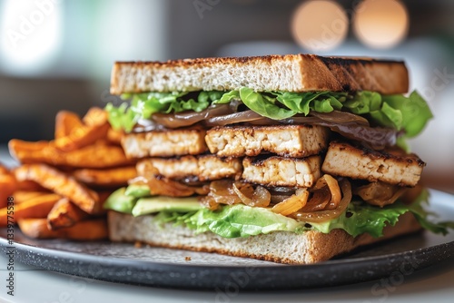 Triple-Layer Vegan Club Sandwich with Grilled Tofu, Avocado, and Sweet Potato Fries on Marble Plate