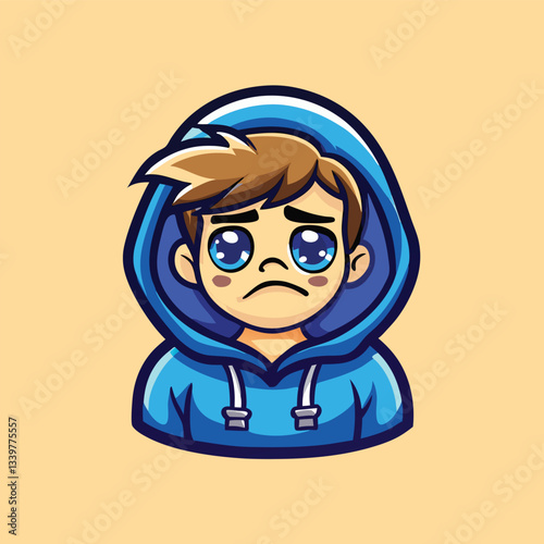 Mascot Logo of a Sad Boy Wearing a Green Hoodie with a Crest