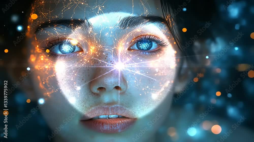 Ethereal close-up of a woman's face with glowing particles and cosmic elements, conveying a sense of wonder