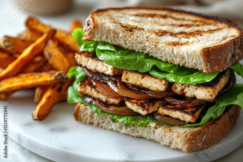 Triple-Layer Vegan Club Sandwich with Grilled Tofu, Avocado, and Sweet Potato Fries on Marble Plate