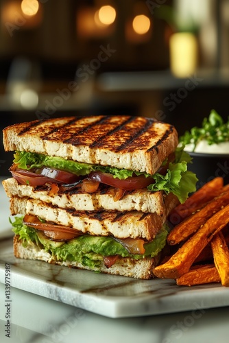 Triple-Layer Vegan Club Sandwich with Grilled Tofu, Avocado, and Sweet Potato Fries on Marble Plate