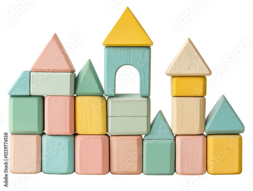 Colorful wooden blocks in playful arrangement and shapes  on transported background	