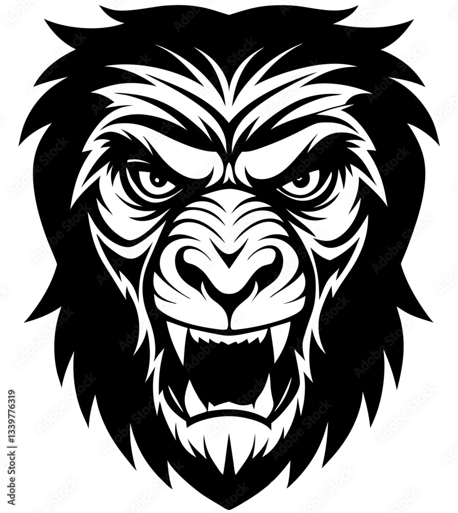 Obraz premium Angry Chimpanzee head simple black silhouette, Black silhouette vector icon, silhouette illustration