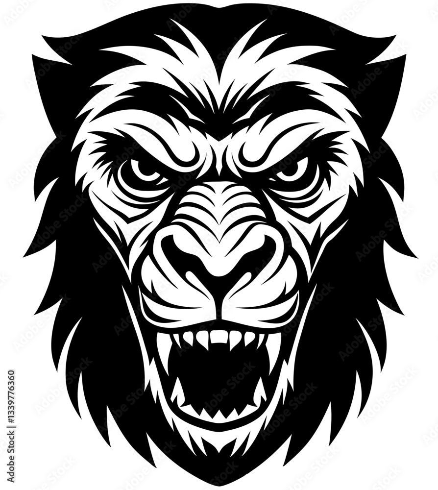Fototapeta premium Angry Chimpanzee head simple black silhouette, Black silhouette vector icon, silhouette illustration