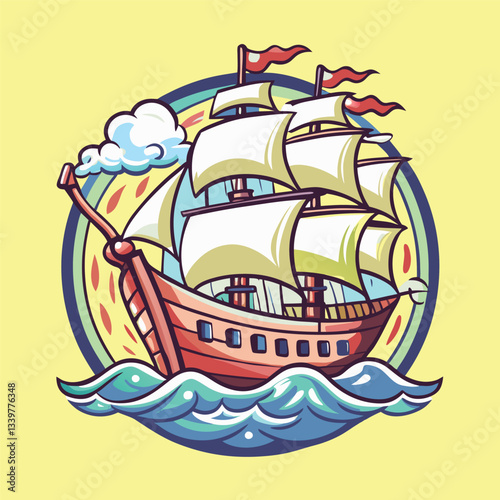 Vintage Style Vector Logo Illustration of a Sailing Ship with the Letter "C"