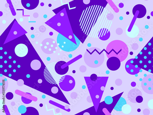 Geometric seamless pattern with memphis elements in 80s style. Colorful geometric pattern. Design of promotional products, wrapping paper and printing. Vector illustration