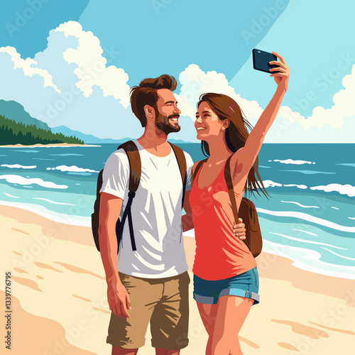 Happy couple taking selfie by the ocean, joyful travel memories