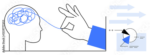 Hand untangling a knotted line from a human head, represented as a maze of thoughts, processing it into clear data with charts and arrows. Ideal for problem-solving, mental clarity, innovation