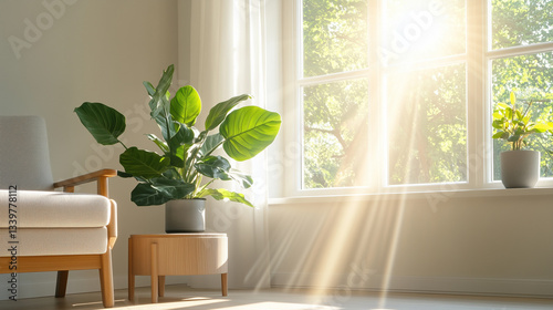 Sunlit Cozy Living Room with a Large Potted Plant by the Window
