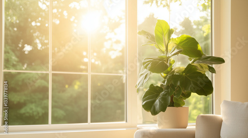 Sunlit Cozy Living Room with a Large Potted Plant by the Window
