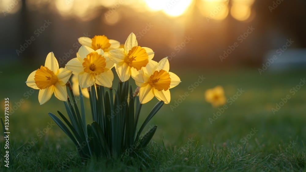 Obraz premium Yellow Daffodils Blooming in Sunset Grass