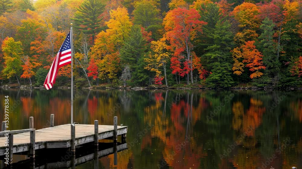 Usa Flag on dock, lake with autumn forest landscape motion picture. Reflections on water, peace nature scenery for patriotism travel, memorial day footage