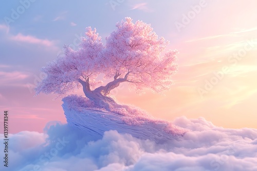 Blossom Tree Above Clouds with Dreamy Pink Sky Background Illustration