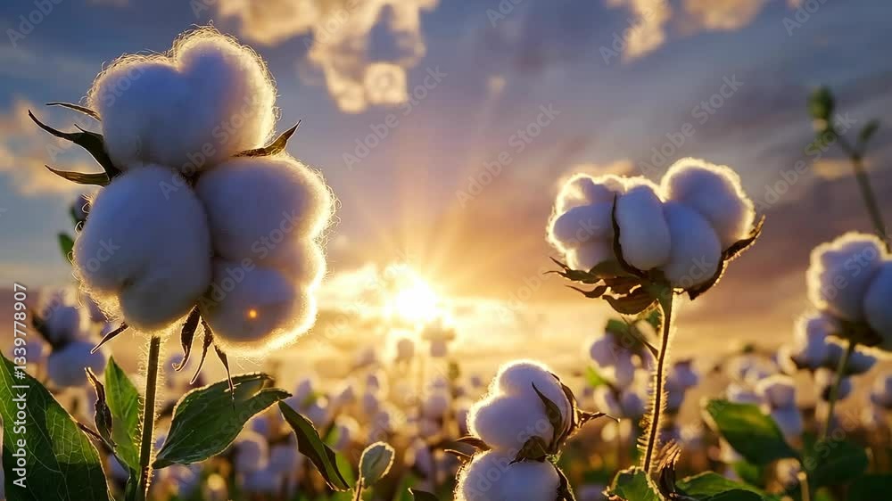 Cotton fields basking in golden sunlight at sunset with fluffy bolls ready for harvest