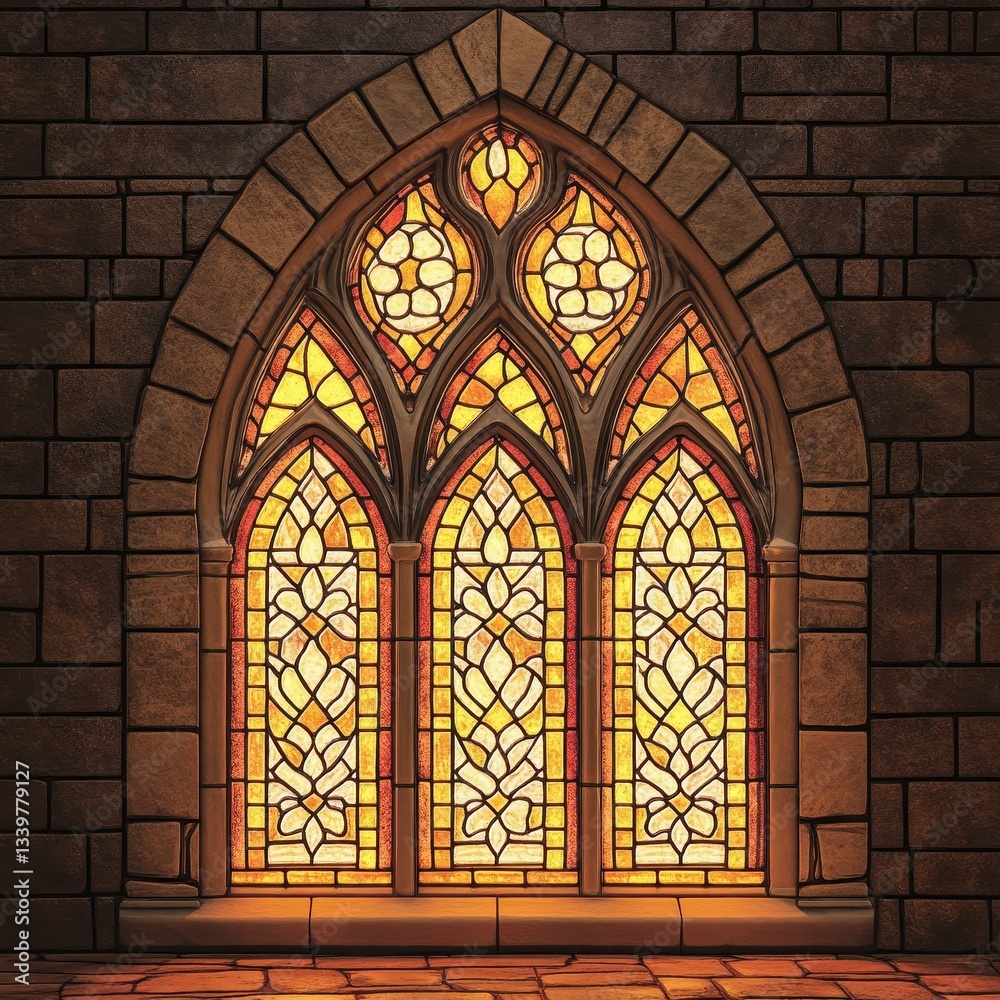 Fototapeta premium Illuminated stained glass window features elaborate details set in stone bricks