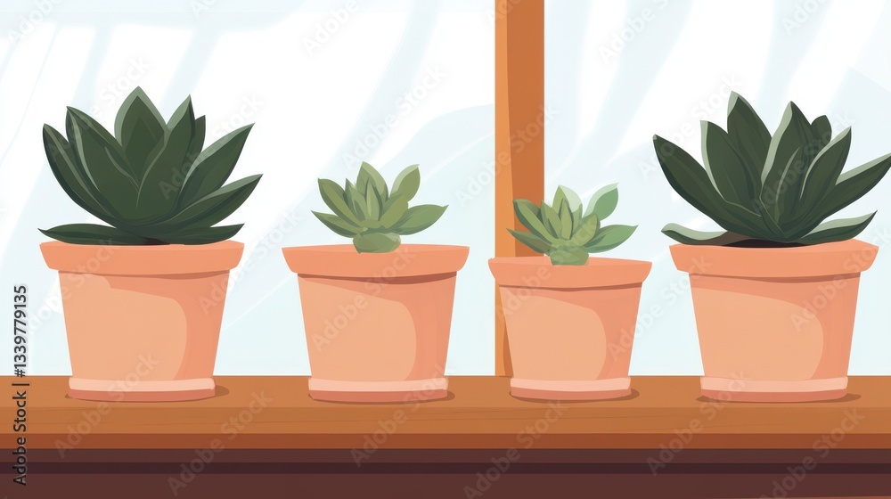 Fototapeta premium Four Potted Succulents on a Wooden Shelf, A Beautiful Home Decor Illustration