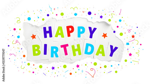 Festive Colorful Happy Birthday Image Confetti Stars Ripped Paper Greeting Card