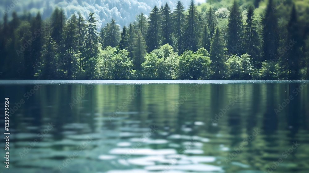 Scenic Lake Surrounded by Green Forest with Water Reflections in Sunlight and Peaceful Environment Scenic Lake Surrounded by Green Forest with Water Reflections in Sunlight and Peaceful Environment