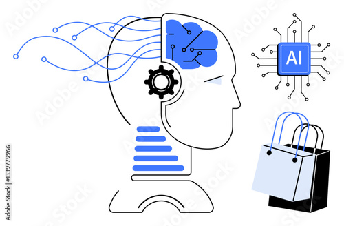 Human head with gears, brain circuits, and neural signals connected to AI chip and shopping bags. Ideal for e-commerce, retail innovation, AI technology, consumer behavior, future of shopping