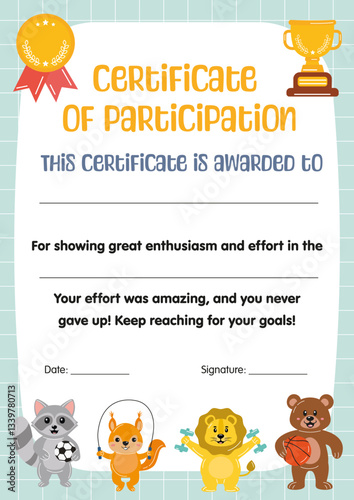 Certificate of participation for kids in sport competitions. Diploma template for kids, certificate of appreciation for sport in school preschool kindergarten, summer camp. Certificate of achievement.