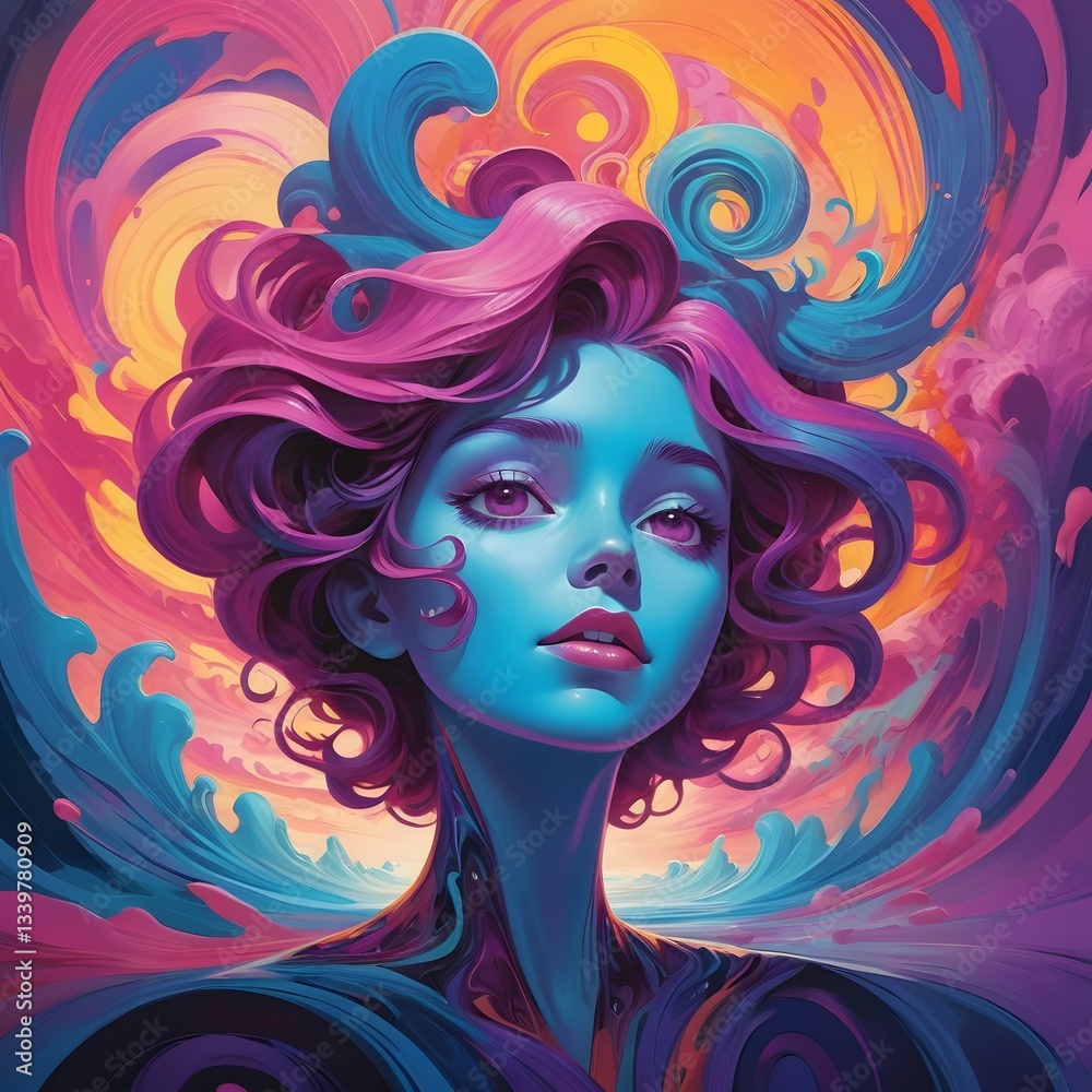 A surreal AI-generated digital painting of a stylized human whose head melts into spirals, representing the sensation of being high. Vibrant colors and fluid distortion enhance the dreamlike abstracti A surreal AI-generated digital painting of a stylized human whose head melts into spirals, representing the sensation of being high. Vibrant colors and fluid distortion enhance the dreamlike abstracti