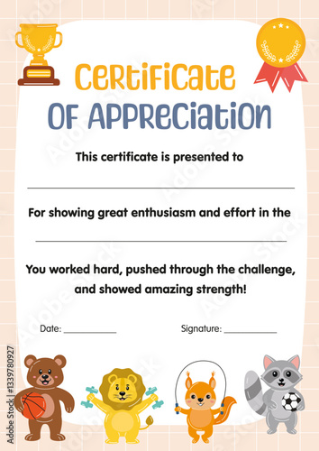 Certificate of appreciation sport competition for kids. Sport diploma template for children in school preschool kindergarten, summer camp. Certificate of participation achievement completion for kids.