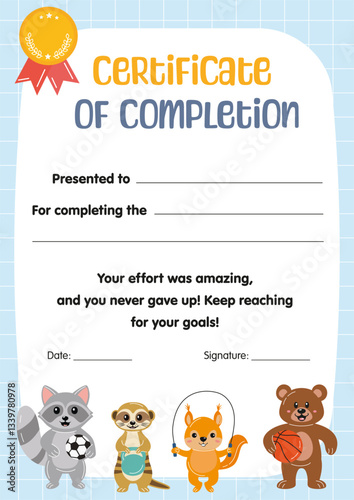 Certificate of completion, participation for kids in sport competitions. Kids sport diploma, template appreciation certificate in school preschool kindergarten, summer camp. Certificate of achievement